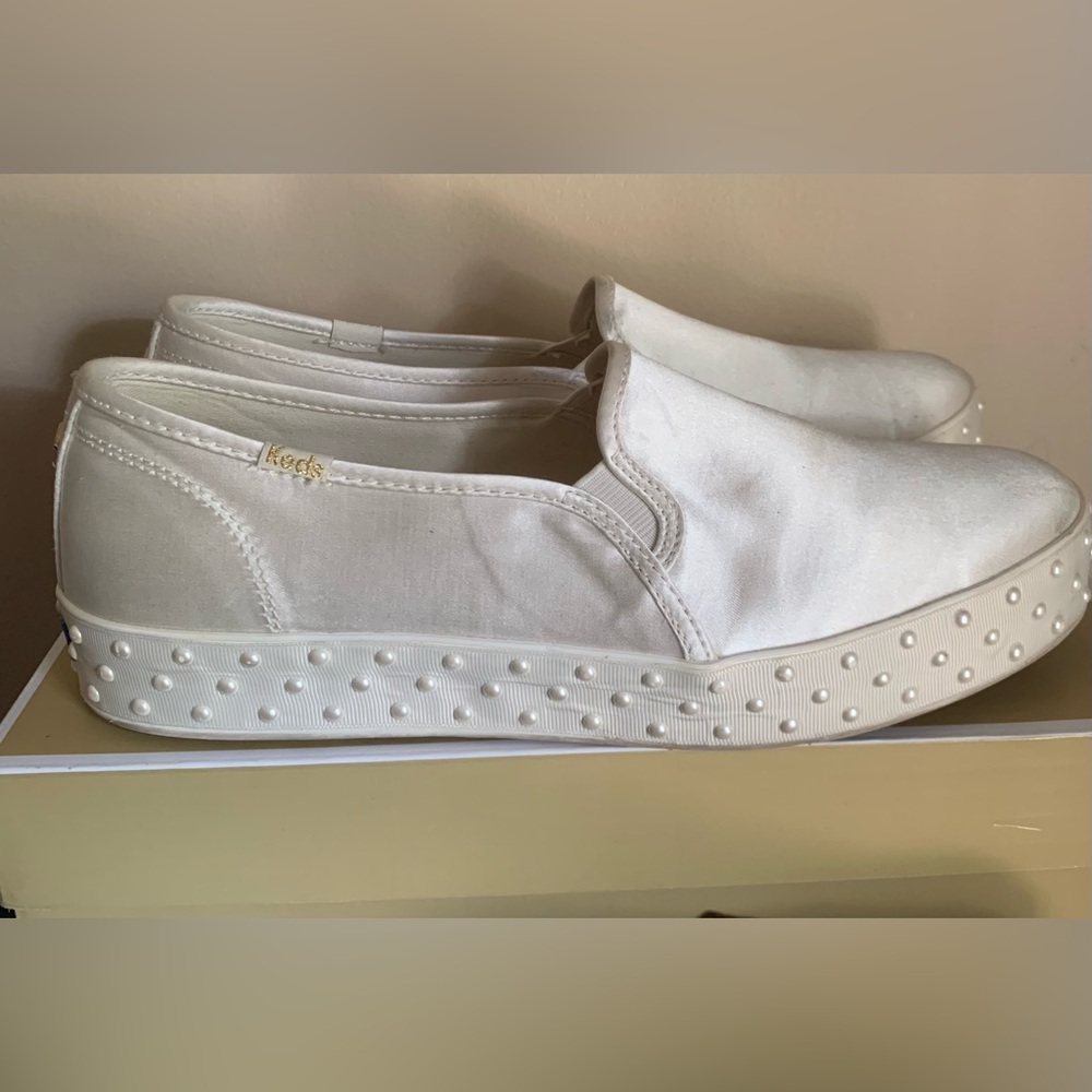 Kate Spade X Keds Women's Classic White Slip-On Sneakers with Gold Detail